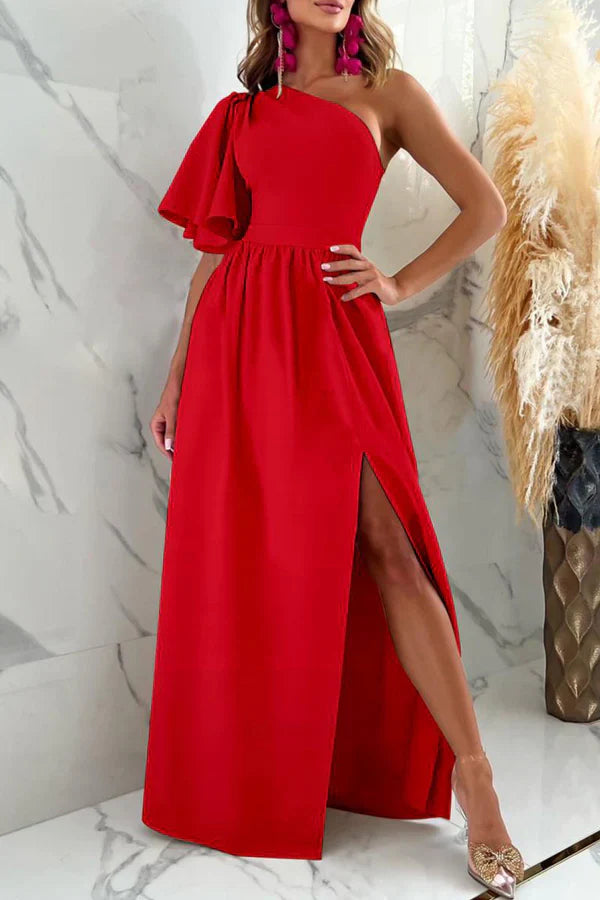 Sexy and elegant solid color patchwork slit with diagonal collar and straight leg evening dress Party Dress