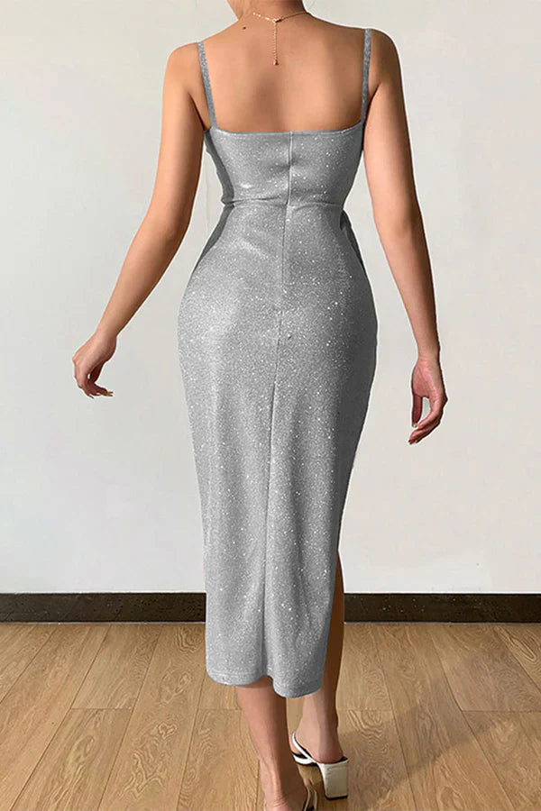 Sexy elegant solid color sequins V-neck strap evening dress Sparkly