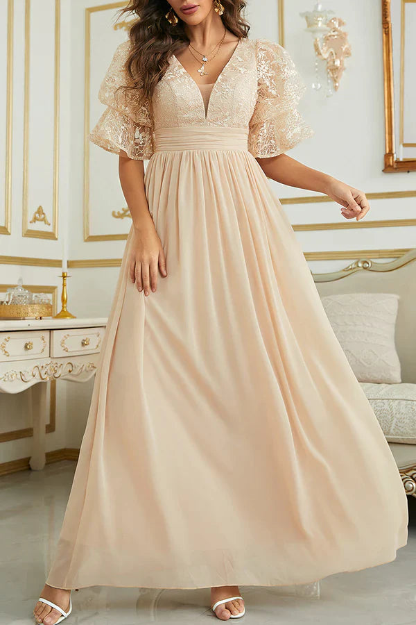 Elegant solid lace V-neck evening dress Short Sleeve Beautiful