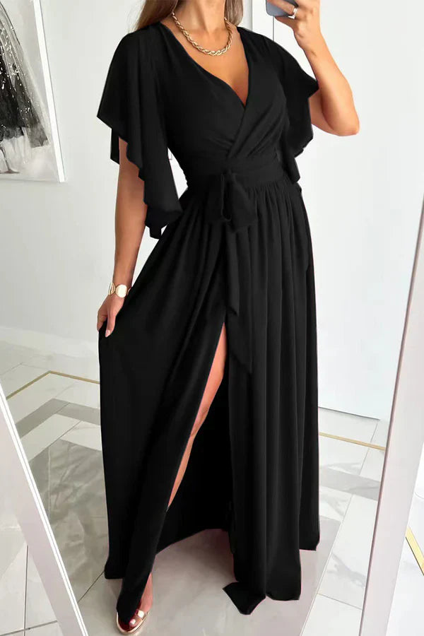 Elegant solid color lace up ruffled V-neck A-line evening dress Party Dress