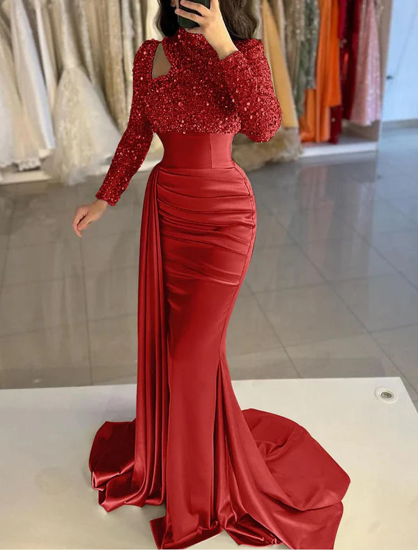 Mermaid / Trumpet Evening Gown Elegant Dress Formal Sweep / Brush Train Long Sleeve High Neck Satin with Pearls