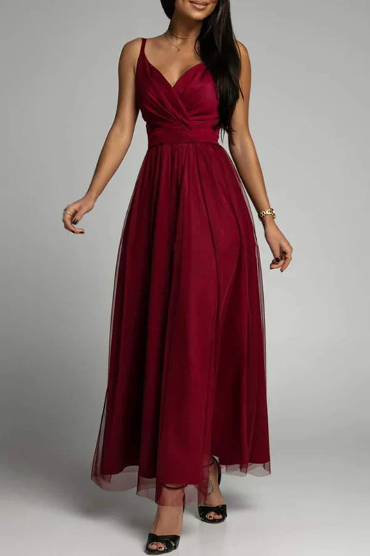 Elegant solid color patchwork V-neck A-line evening dress Sexy