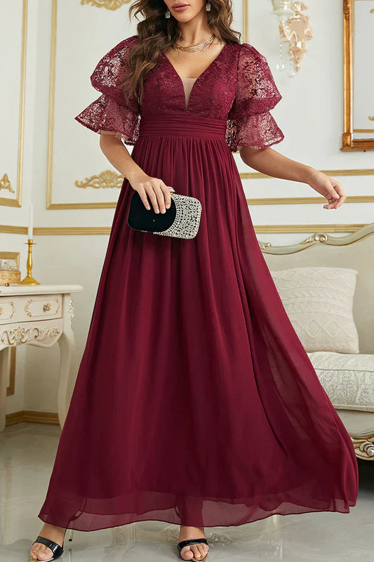 Elegant solid lace V-neck evening dress Short Sleeve Beautiful