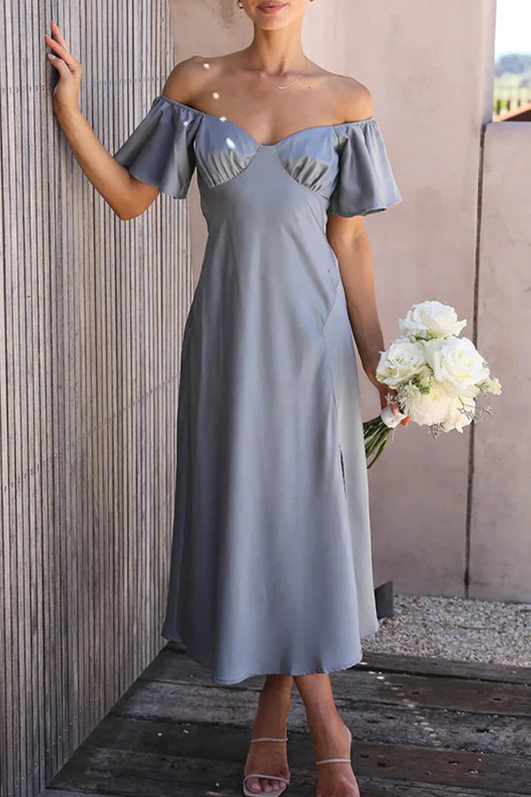 Sexy solid color slit off shoulder pleated evening dress Beautiful