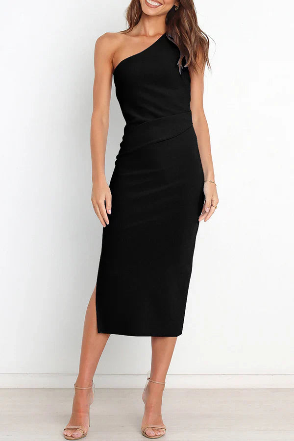 Sexy and minimalist solid color pleated diagonal collar A-line evening dress One Shoulder