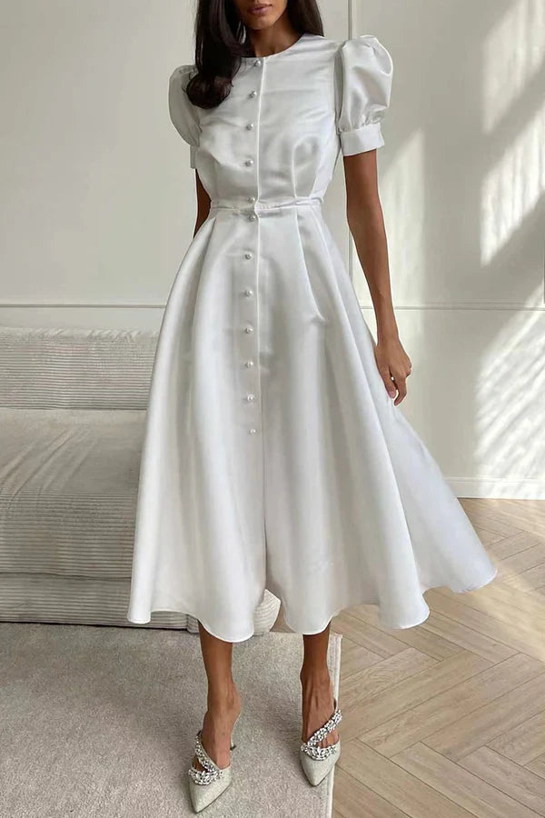Elegant solid color buckle O-neck A-line short sleeved evening dress Party Dress