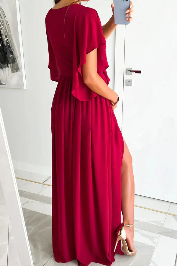 Elegant solid color lace up ruffled V-neck A-line evening dress Party Dress