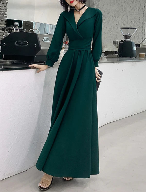 A-Line Evening Gown Minimalist Dress Prom Formal Evening Floor Length Long Sleeve V Neck Stretch Fabric with Sash