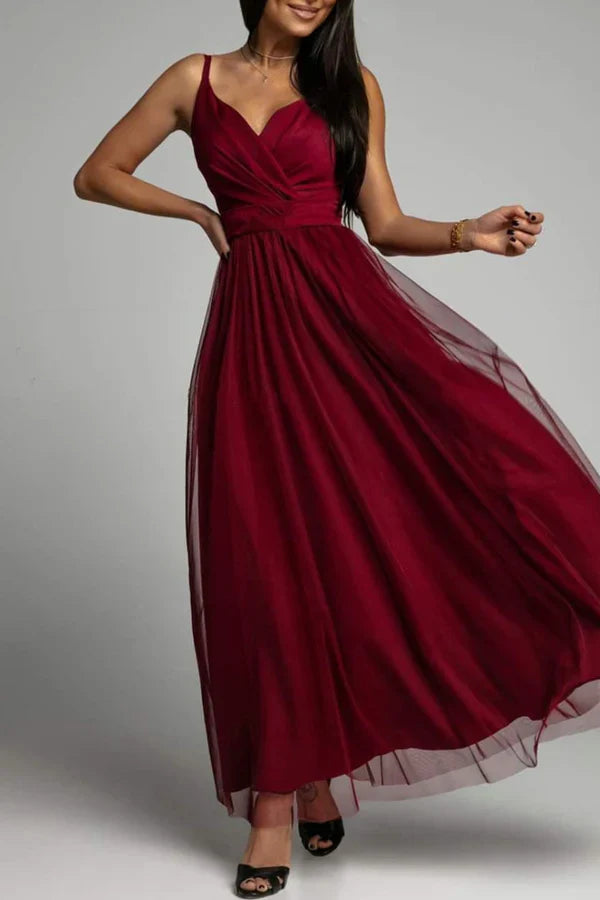 Elegant solid color patchwork V-neck A-line evening dress Sexy