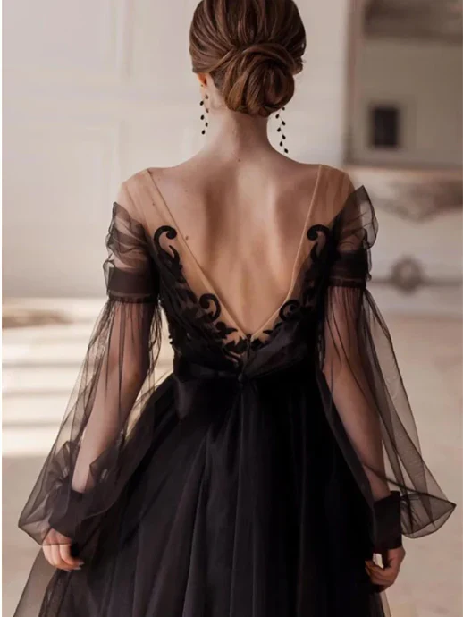A-line/Princess V-neck Long sleeved Ankle Evening Dress Black Sexy
