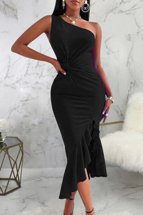 Sexy solid color patchwork with ruffled edges on one shoulder irregular evening dress Party Dress