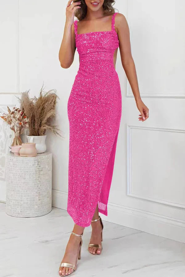 Sexy solid color sequin slit square neck one step skirt for evening dress Sparkly
