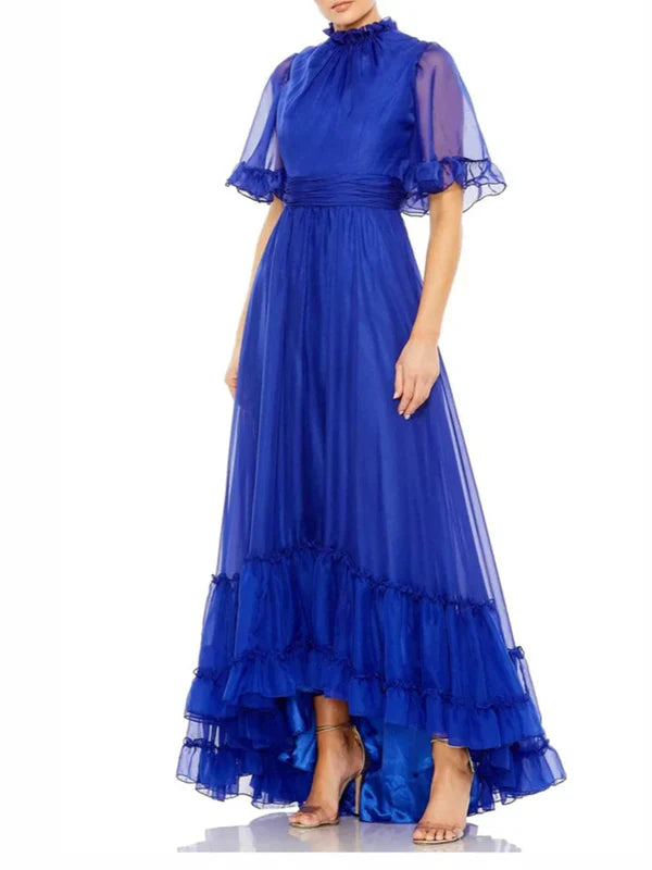 A-line/Princess High Collar Floor Evening Dress Short Sleeve Solid Color