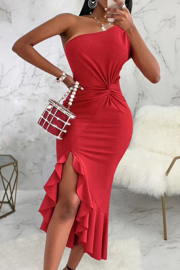 Sexy solid color patchwork with ruffled edges on one shoulder irregular evening dress Party Dress