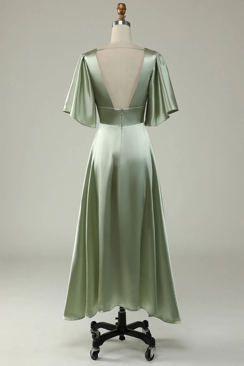 Light Green A Line Deep V Neck Bridesmaid Dress with Half Sleeves Elegant Evening Party Dress