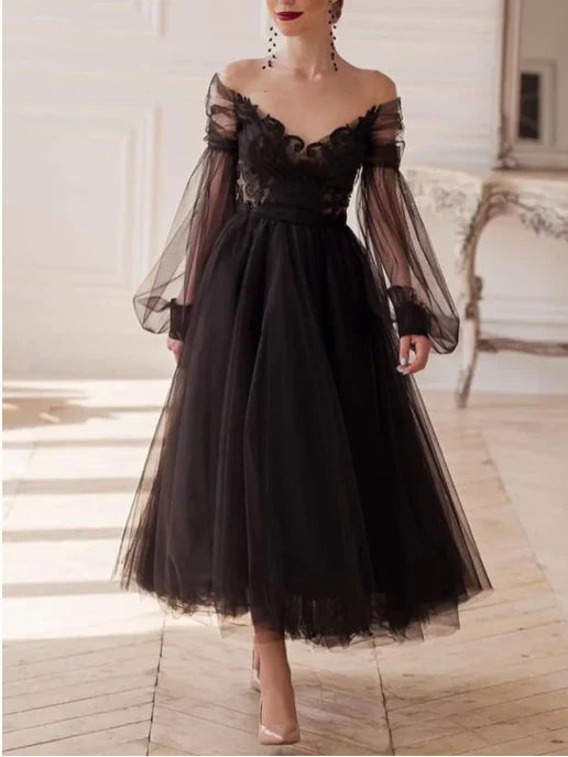 A-line/Princess V-neck Long sleeved Ankle Evening Dress Black Sexy