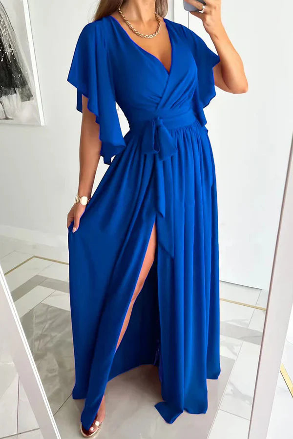 Elegant solid color lace up ruffled V-neck A-line evening dress Party Dress
