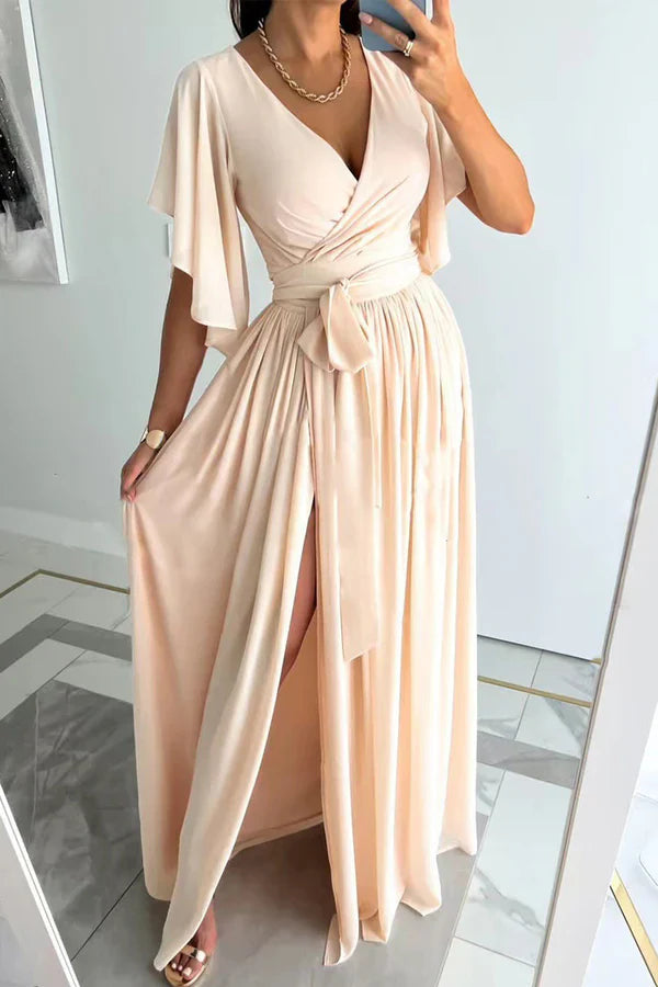 Elegant solid color lace up ruffled V-neck A-line evening dress Party Dress