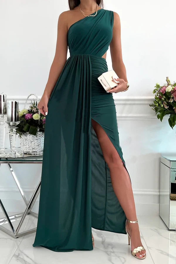 Fashionable hollow out diagonal collar sleeveless evening dress One Shoulder Party Dress