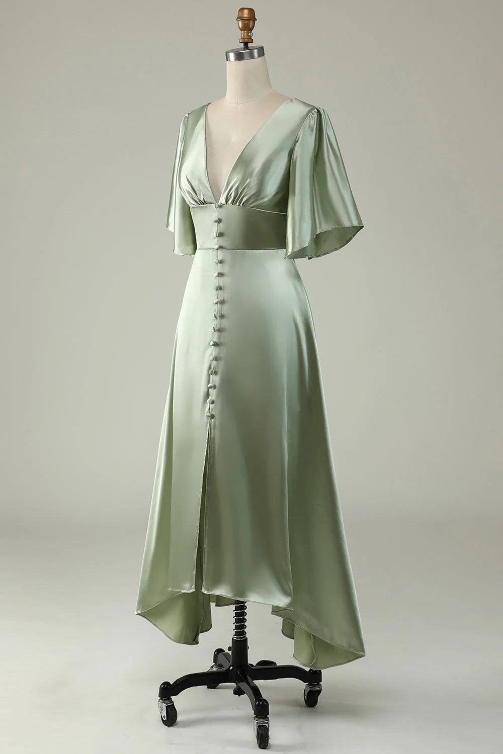 Light Green A Line Deep V Neck Bridesmaid Dress with Half Sleeves Elegant Evening Party Dress