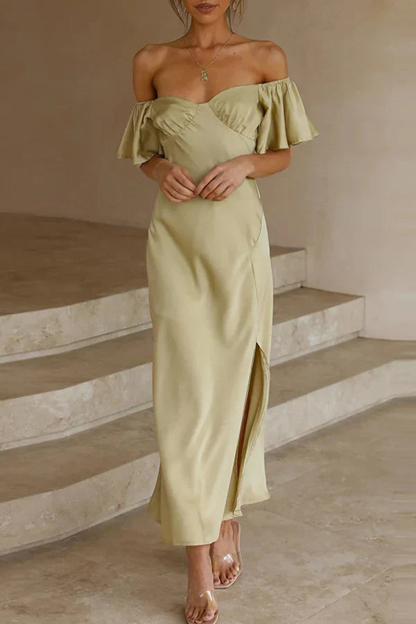 Sexy solid color slit off shoulder pleated evening dress Beautiful