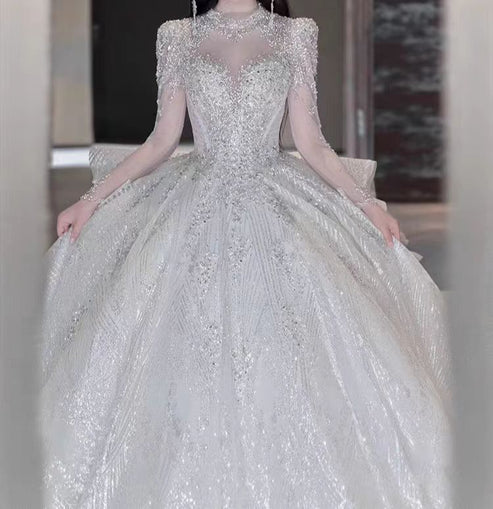 Strap Waist Pearl Sweetheart Collar Tulle Wedding Dress with Lace Elegant Beautiful