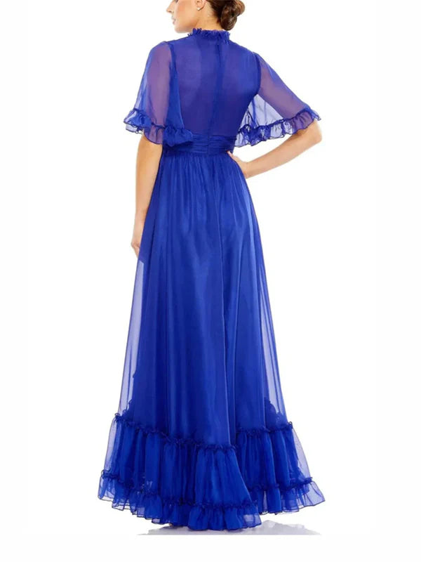A-line/Princess High Collar Floor Evening Dress Short Sleeve Solid Color