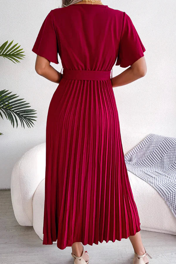 Casual solid color pleated V-neck high waisted skirt for evening dress Party Dress
