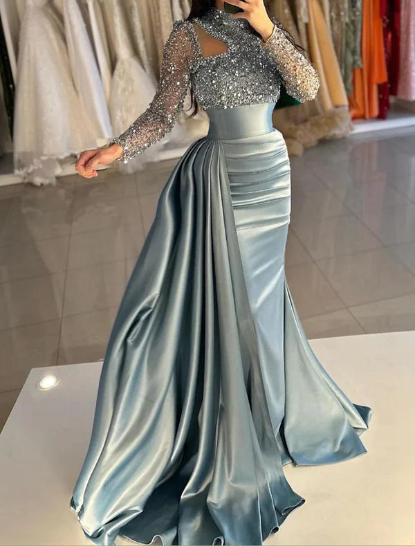 Mermaid / Trumpet Evening Gown Elegant Dress Formal Sweep / Brush Train Long Sleeve High Neck Satin with Pearls