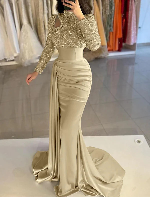 Mermaid / Trumpet Evening Gown Elegant Dress Formal Sweep / Brush Train Long Sleeve High Neck Satin with Pearls