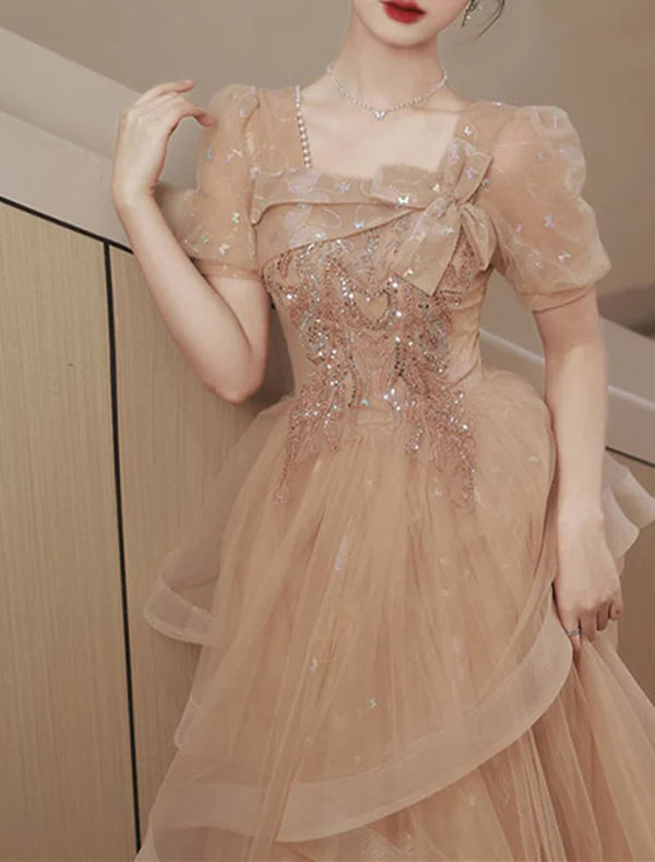 A-Line Party Dresses Sparkle & Shine Dress Wedding Guest Prom Floor Length Short Sleeve Square Neck Tulle with Bow(s)