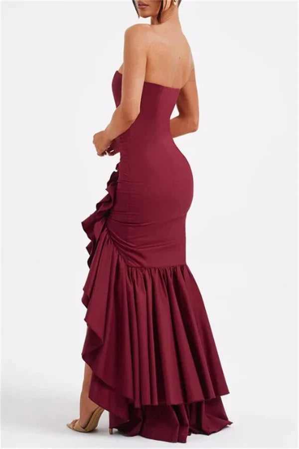 Sexy printed solid color backless strapless irregular evening dress Off Shoulder With Slit