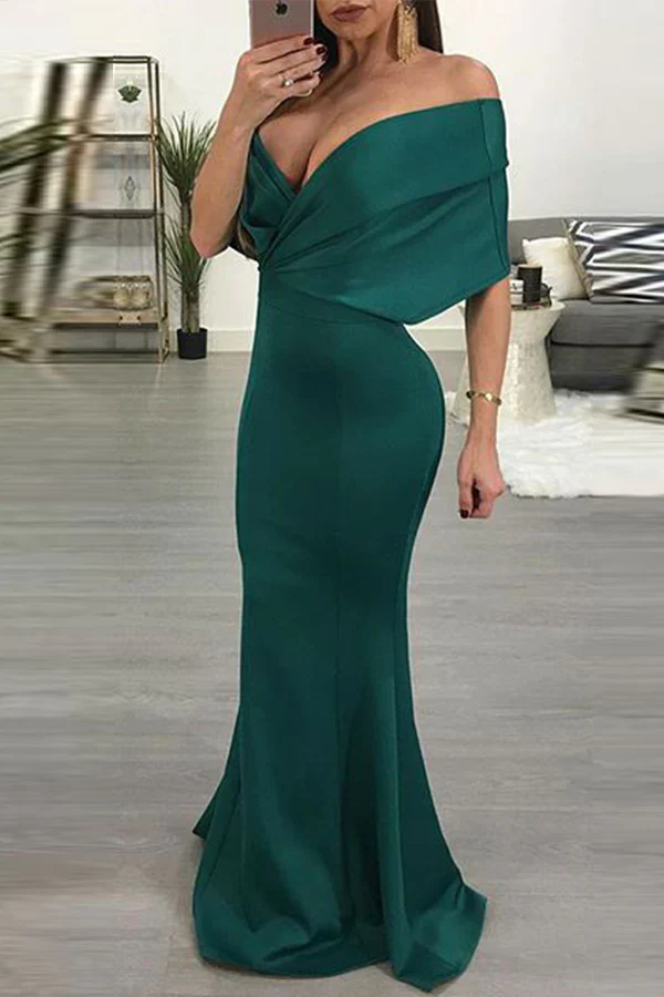 Leisure solid color patchwork off shoulder speaker fishtail evening dress Sexy