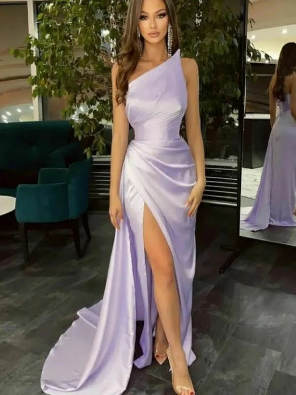 Sheath/Column Silk like Satin Ruched Strapless Sleeveless Sweep/Brush Train Dresses Evening Dress With Slit
