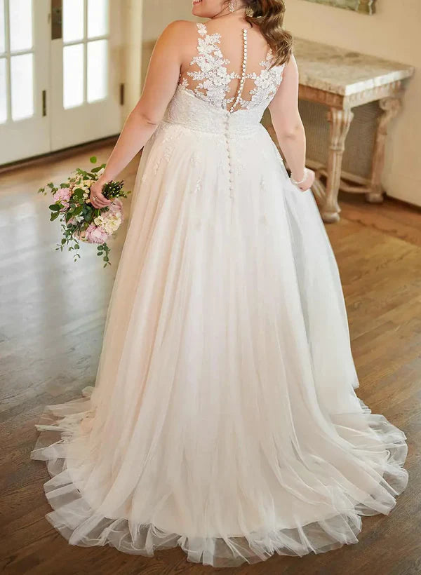 A-line/Princess V-neck Large Sticker Lace Wedding Dress Plus Size Beautiful