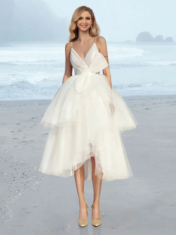 A-line/Princess V-neck Tea Long Wedding Dress Beautiful
