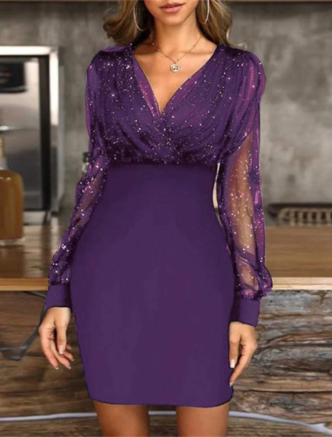 Black Dress Wedding Guest Cocktail Dress Sexy V Neck Bodycon Patchwork Long Mesh Sleeve Spring Sparkly