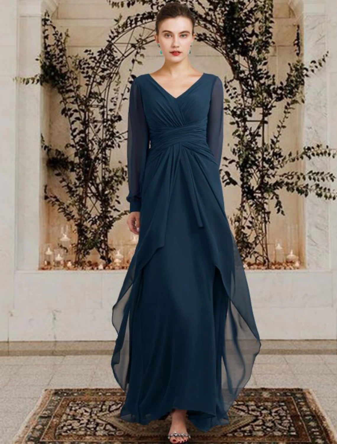 A-Line Mother of the Bride Dress Wedding Guest Elegant Plus Size V Neck Floor Length Chiffon Long Sleeve with Ruched Ruffles Side-Draped dress Solid Color