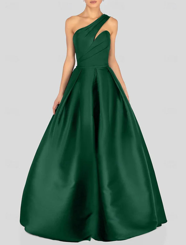A-Line Prom Dresses Black Dress Dress Formal Prom Floor Length Sleeveless One Shoulder Satin with Ruched Sexy Evening Dresses