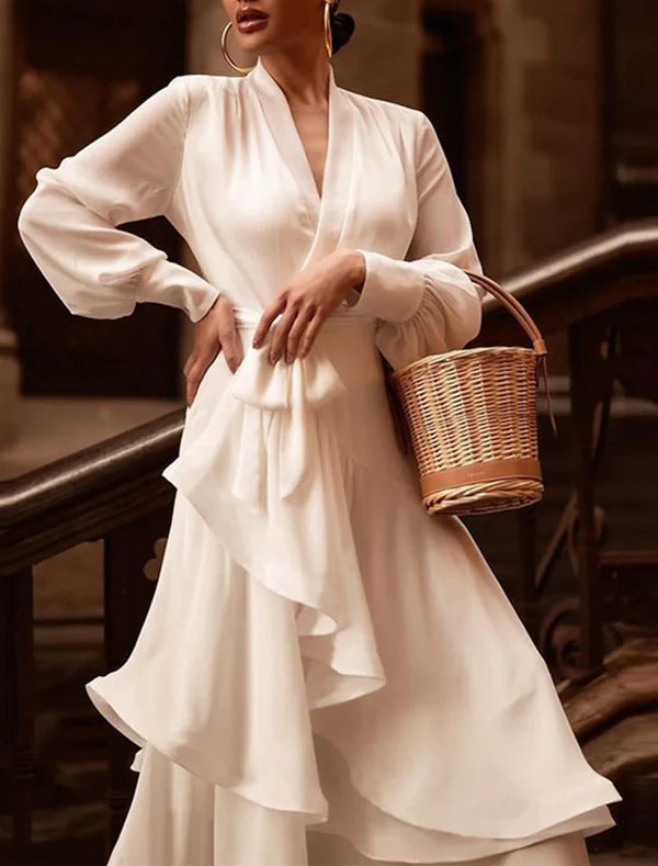 Reception Little White Dresses Wedding Dresses A-Line V Neck Long Sleeve Asymmetrical Chiffon Bridal Gowns With Cascading Ruffles