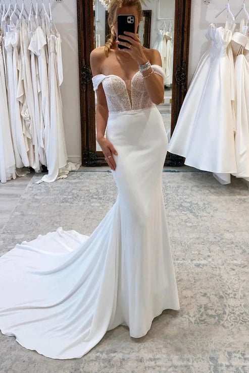 Charming Mermaid Off the Shoulder Satin Long Wedding Dresses with Sequins Sparkly