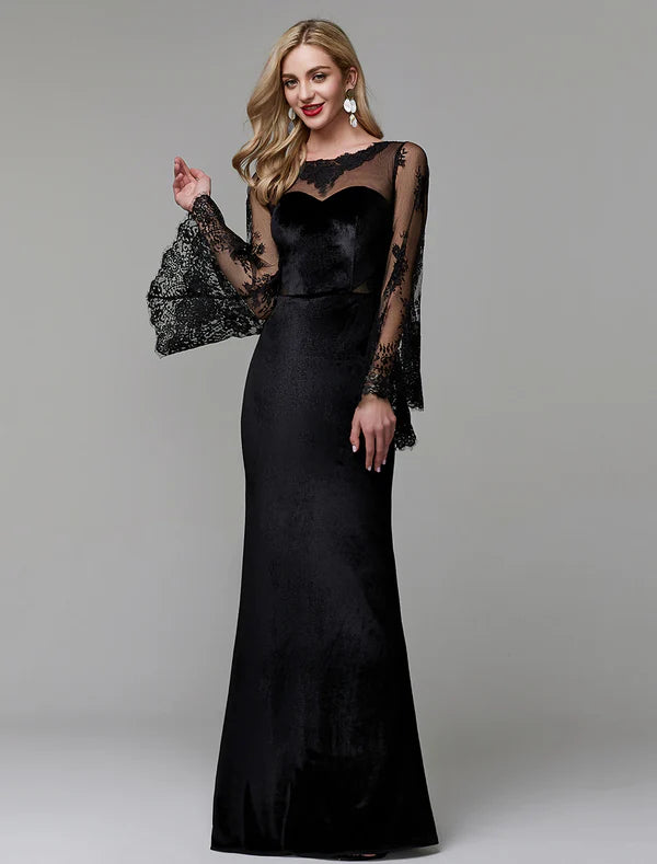 Sheath / Column Elegant Dress Wedding Guest Engagement Floor Length Long Sleeve Illusion Neck Lace with Lace