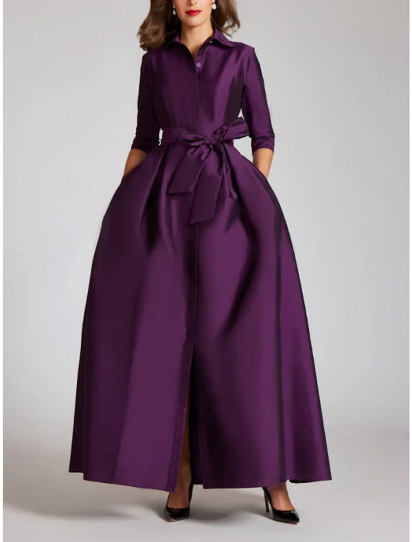Satin A-Line Evening Gown Champagne Gold Minimalist Black Christmas Red Green Dress Dress Formal Fall Floor Length Half Sleeve Shirt Collar with Bow(s)