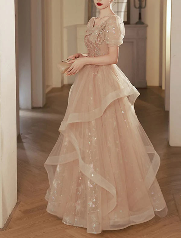 A-Line Party Dresses Sparkle & Shine Dress Wedding Guest Prom Floor Length Short Sleeve Square Neck Tulle with Bow(s)