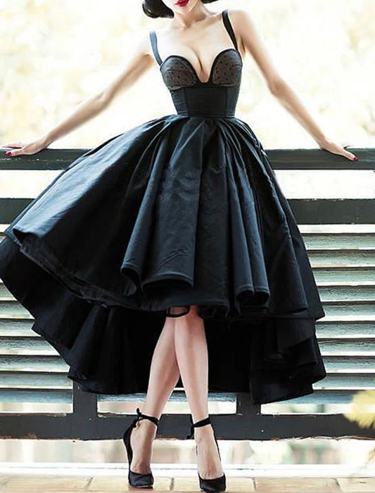 A-Line Cocktail Dresses Vintage Dress Party Wear Wedding Guest Asymmetrical Sleeveless Spaghetti Strap Satin with Pleats