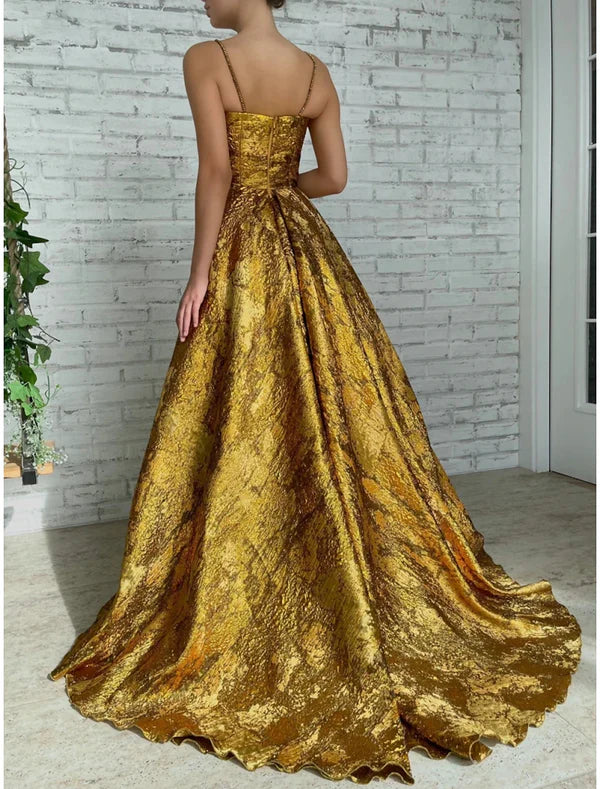 A-Line Evening Gown High Split Dress Formal Christmas Court Train Sleeveless Spaghetti Strap Sequined with Glitter Pleats