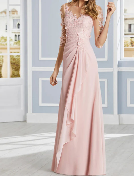 Sheath / Column Luxurious Floral Engagement Formal Evening Dress Illusion Neck Half Sleeve Floor Length Chiffon with Ruffles Draping
