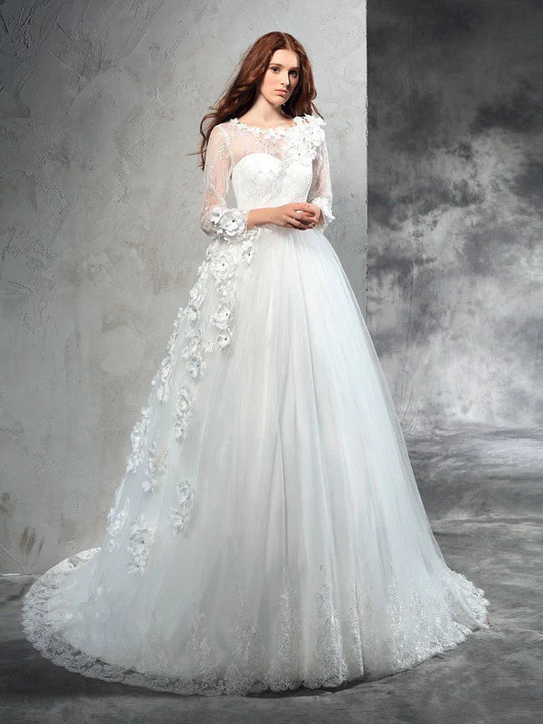Ball Gown Sheer Neck Hand-Made Flower Long Sleeves Long Net Wedding Dresses With Flowers
