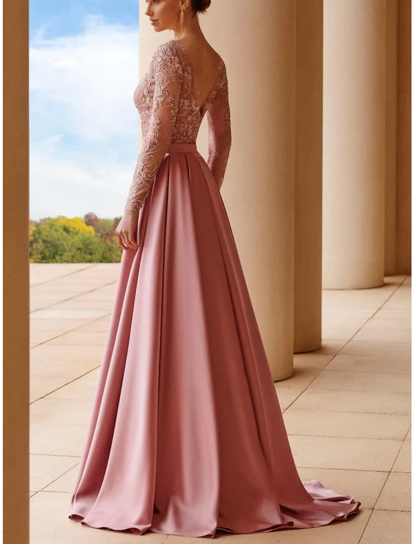 A-Line Mother of the Bride Dress Wedding Guest Elegant Scoop Neck Sweep / Brush Train Stretch Satin Long Sleeve with Lace Sash / Ribbon Ruching Evening Dresses