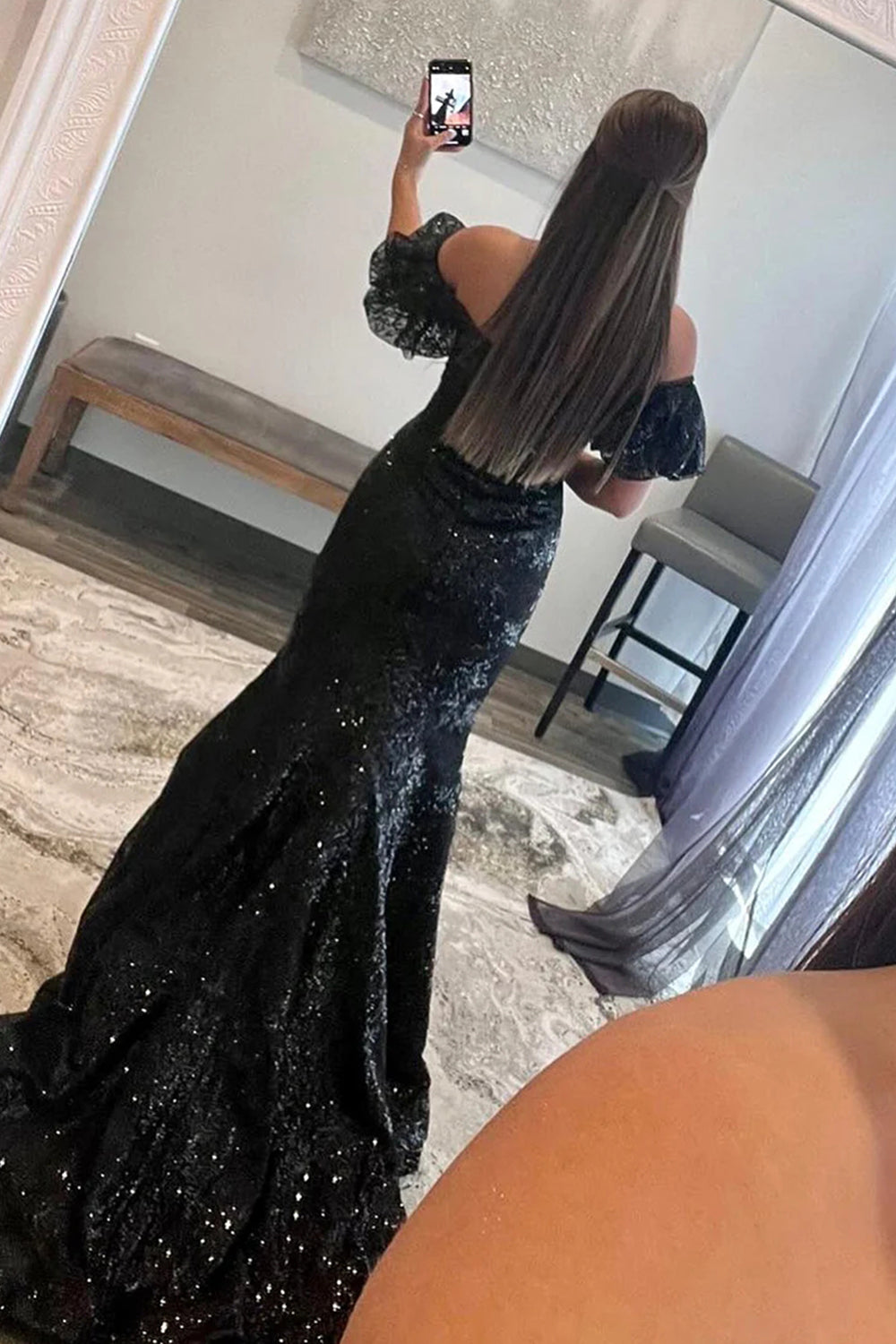 Sparkly Black Sequin Off The Shoulder Long Prom Dress Sexy Evening Dresses